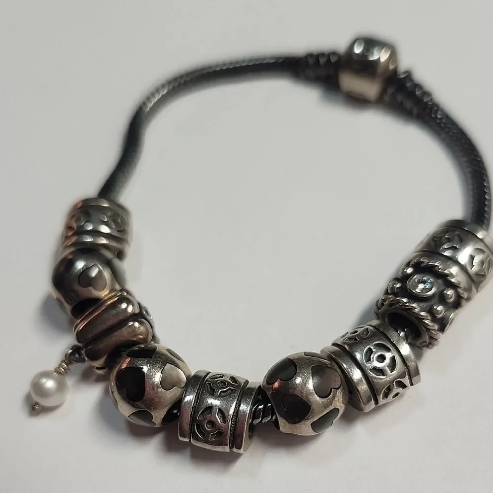 Pandora Sterling Silver Bead Charm Bracelet with Pearl Drop 9 Charms 925 ALE
